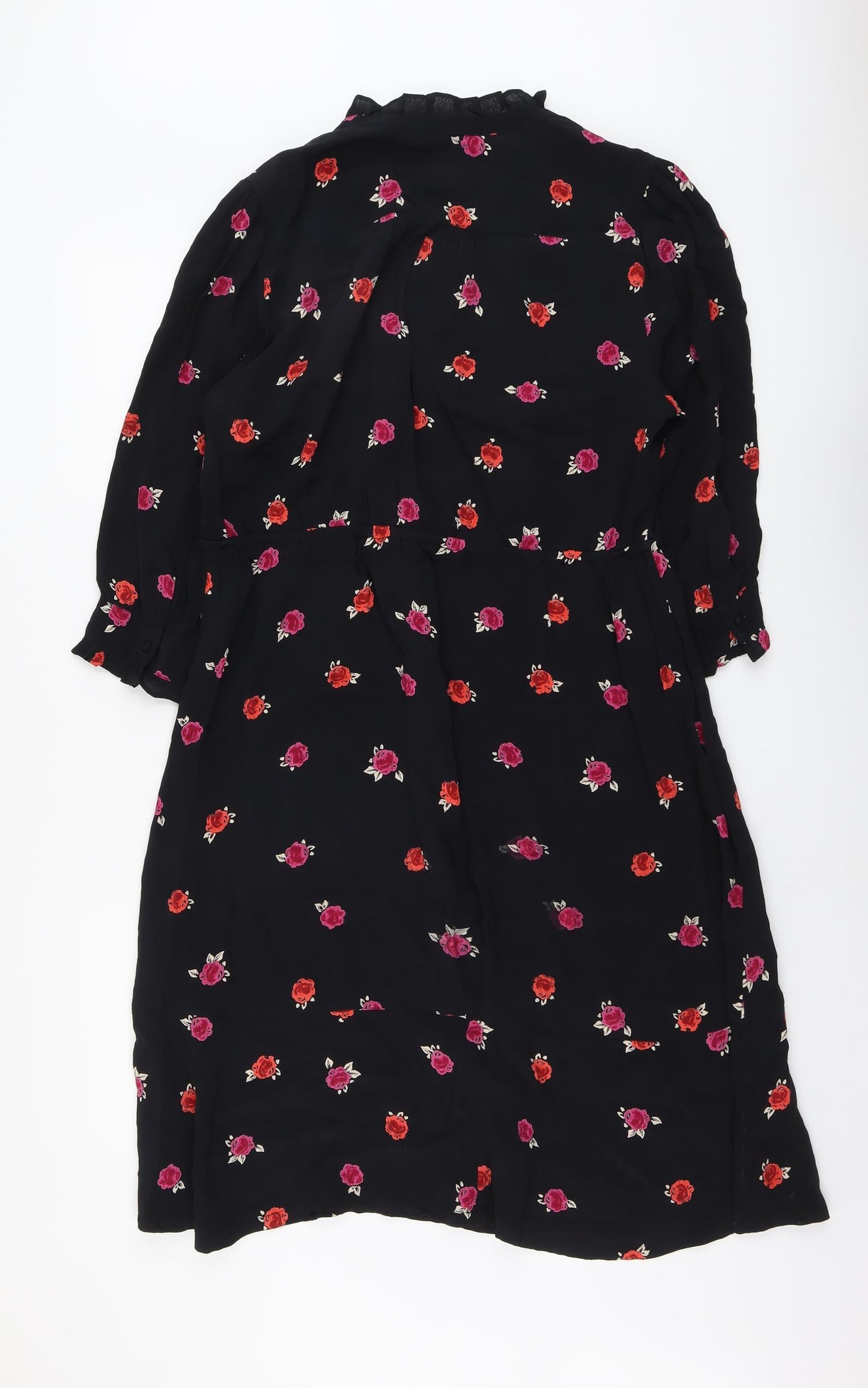 Monsoon Womens Black Floral Viscose Trapeze & Swing Size 12 V-Neck Button