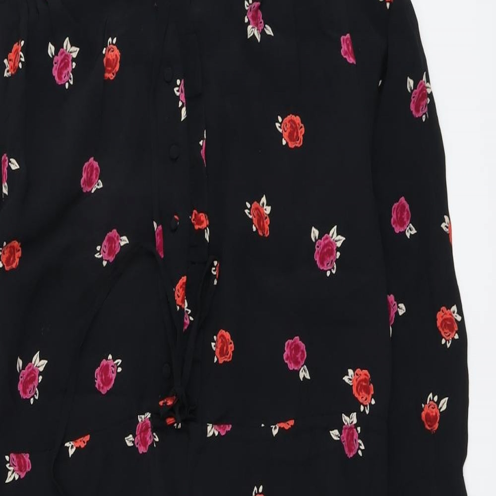 Monsoon Womens Black Floral Viscose Trapeze & Swing Size 12 V-Neck Button