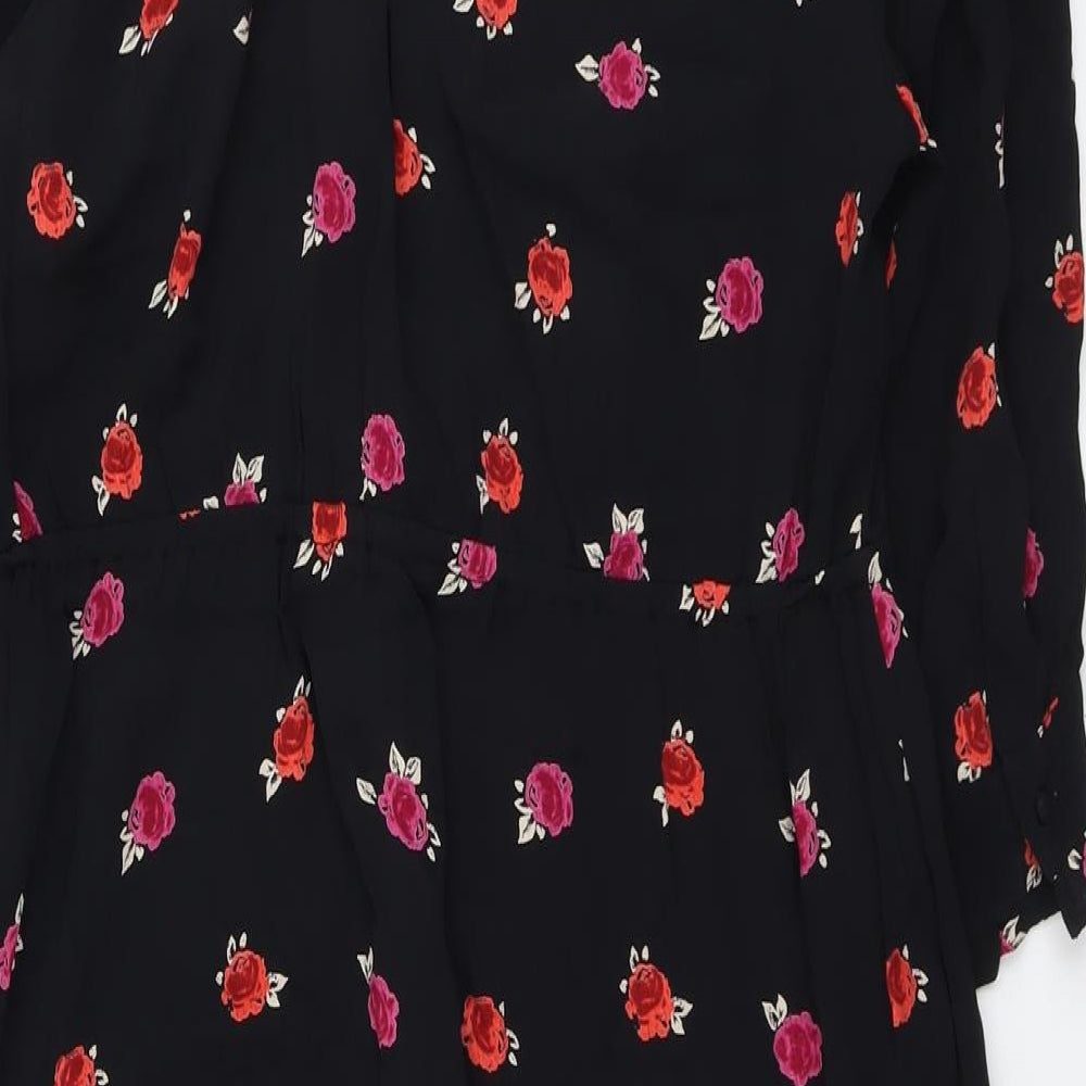 Monsoon Womens Black Floral Viscose Trapeze & Swing Size 12 V-Neck Button