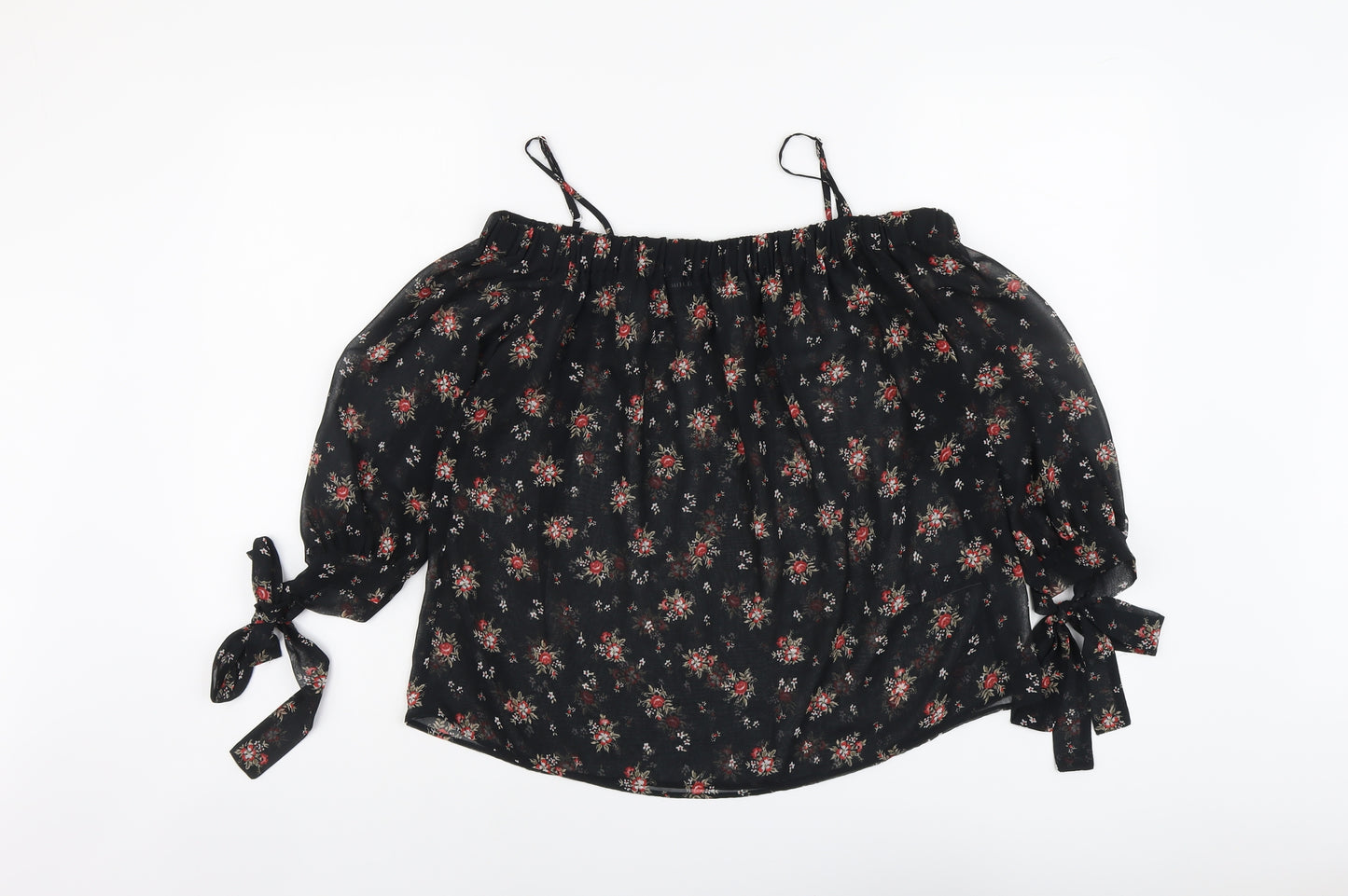 Marks and Spencer Womens Black Floral Polyester Basic Blouse Size 8 Square Neck