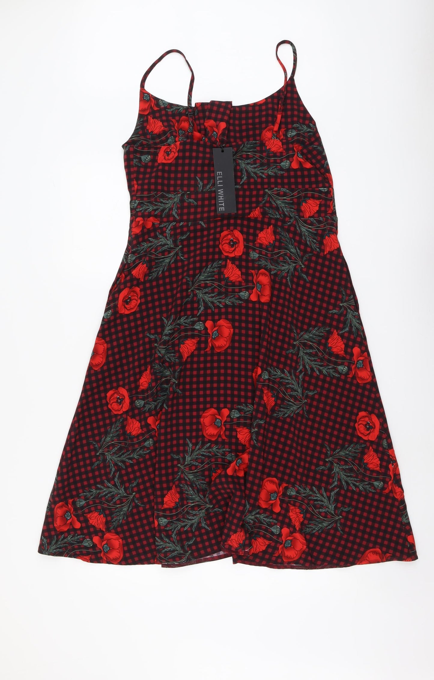 Elli White Womens Red Floral Polyester Tank Dress Size L Round Neck Button