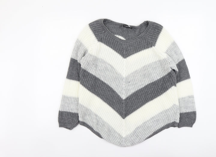Cameo Rose Womens Grey Round Neck Striped Acrylic Pullover Jumper Size M