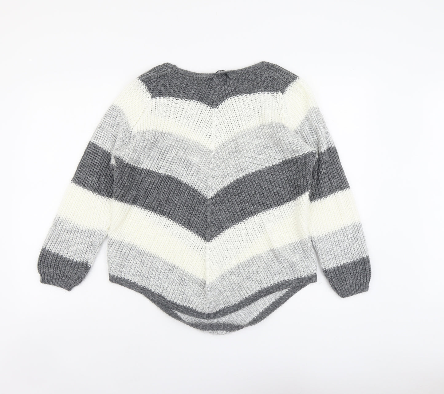 Cameo Rose Womens Grey Round Neck Striped Acrylic Pullover Jumper Size M