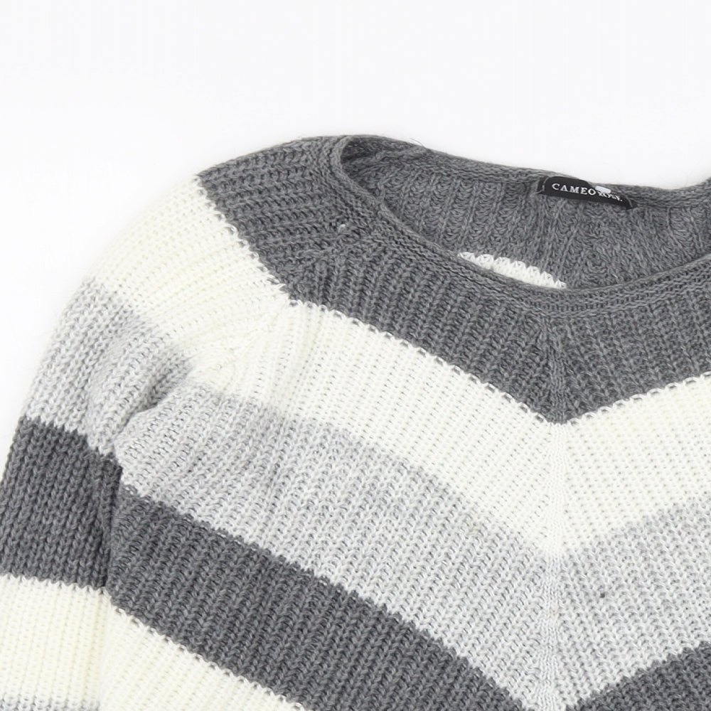 Cameo Rose Womens Grey Round Neck Striped Acrylic Pullover Jumper Size M
