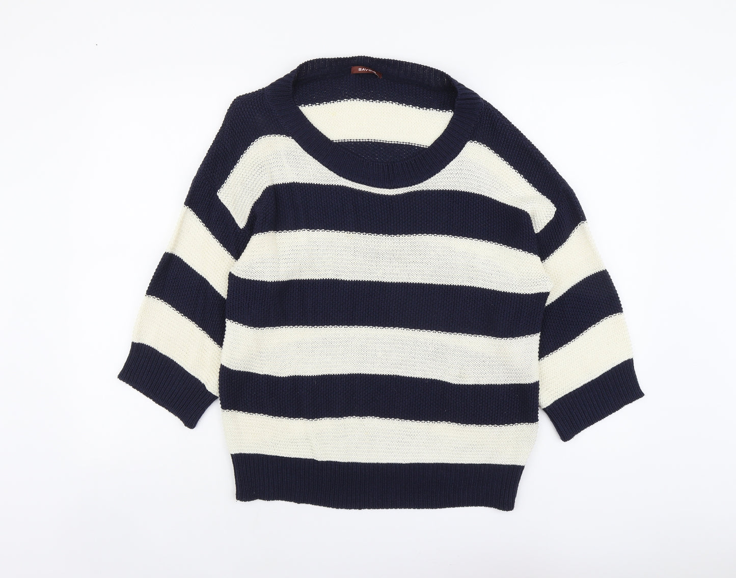 Savoir Womens Beige Scoop Neck Striped Cotton Pullover Jumper Size 14