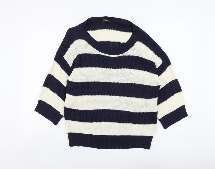 Savoir Womens Beige Scoop Neck Striped Cotton Pullover Jumper Size 14