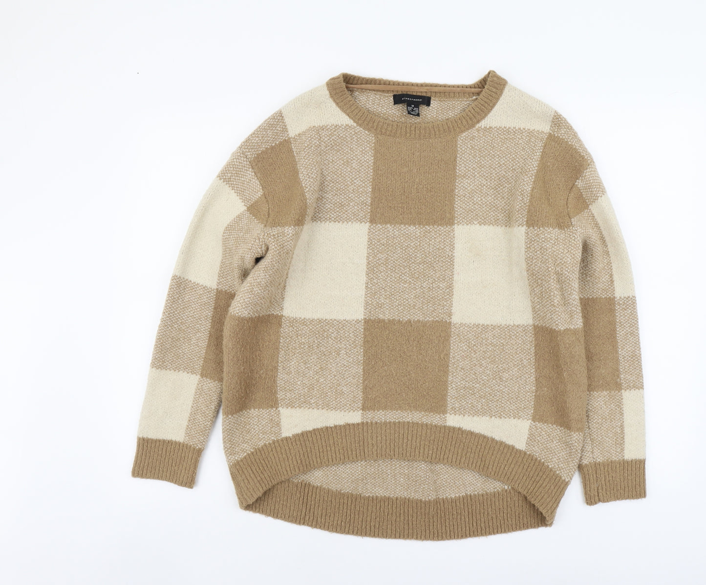 Atmosphere Womens Beige Round Neck Check Acrylic Pullover Jumper Size M