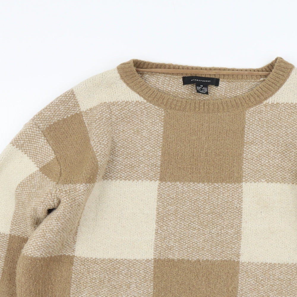 Atmosphere Womens Beige Round Neck Check Acrylic Pullover Jumper Size M