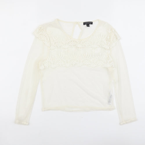 Topshop Womens Ivory Polyester Cropped Blouse Size 10 Scoop Neck - Lace Details