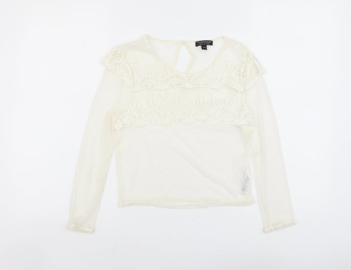 Topshop Womens Ivory Polyester Cropped Blouse Size 10 Scoop Neck - Lace Details