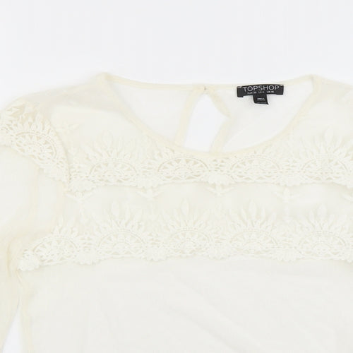 Topshop Womens Ivory Polyester Cropped Blouse Size 10 Scoop Neck - Lace Details