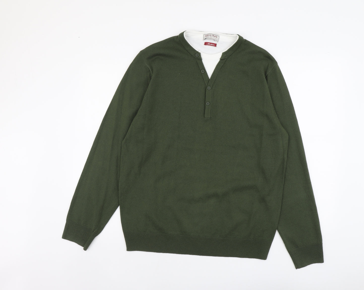 TU Mens Green Round Neck Acrylic Pullover Jumper Size M Long Sleeve