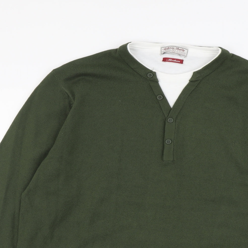 TU Mens Green Round Neck Acrylic Pullover Jumper Size M Long Sleeve