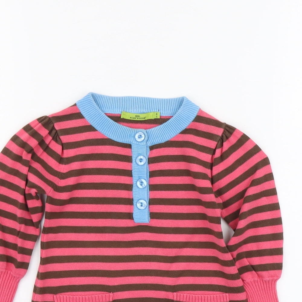 Willow Bolsom Girls Pink Round Neck Striped Cotton Pullover Jumper Size 2-3 Years Button