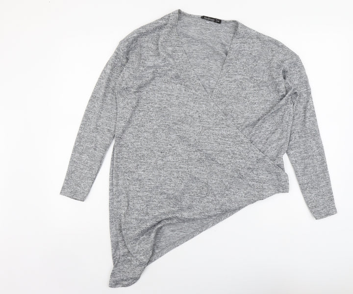 Boohoo Womens Grey Polyester Basic Blouse Size S V-Neck