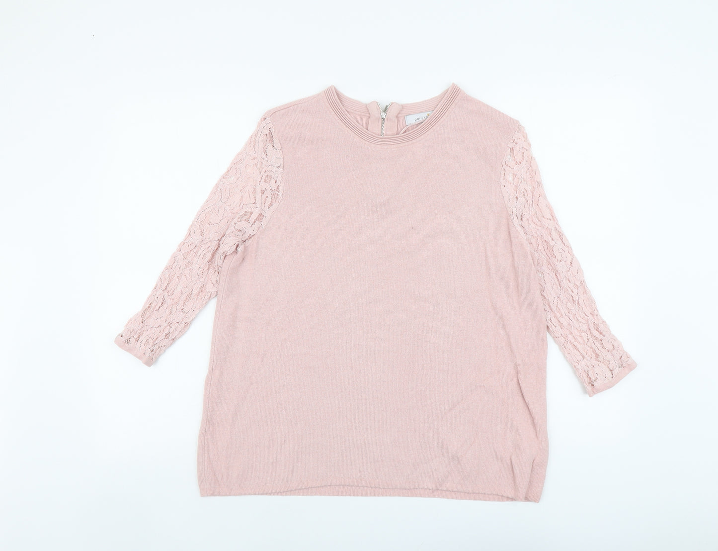 Per Una Womens Pink Round Neck Viscose Pullover Jumper Size 14 - Lace Sleeves