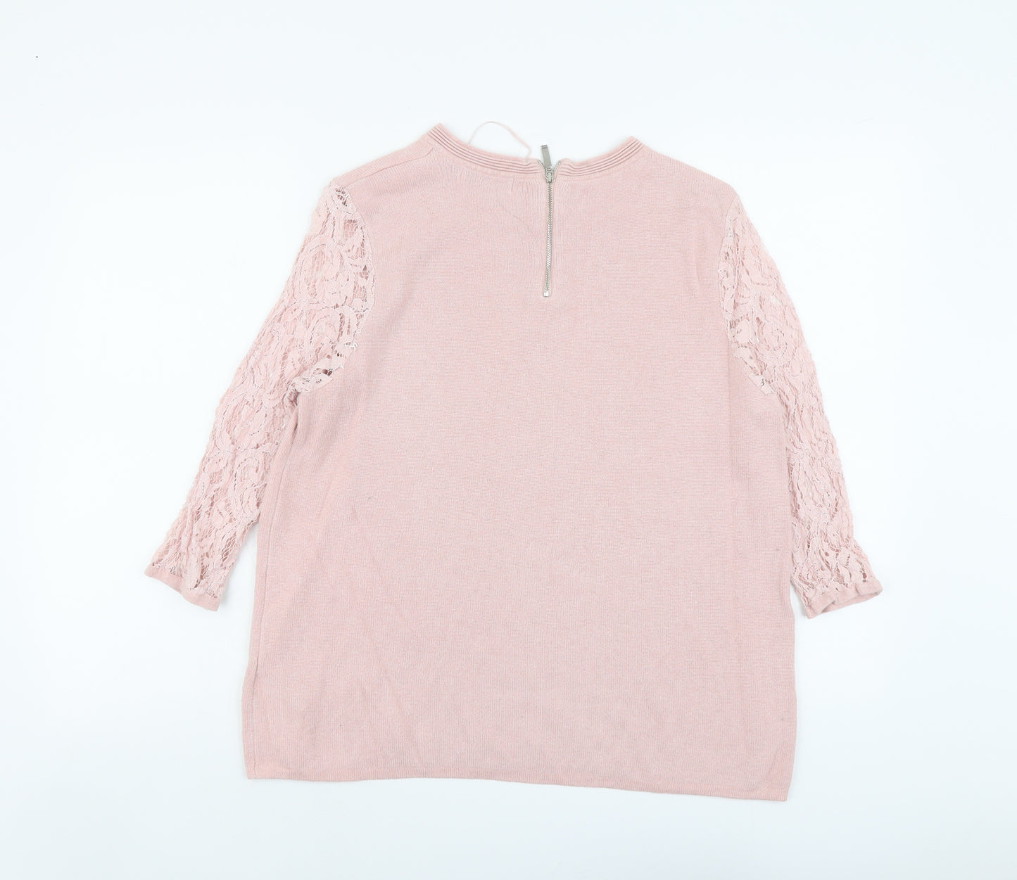Per Una Womens Pink Round Neck Viscose Pullover Jumper Size 14 - Lace Sleeves