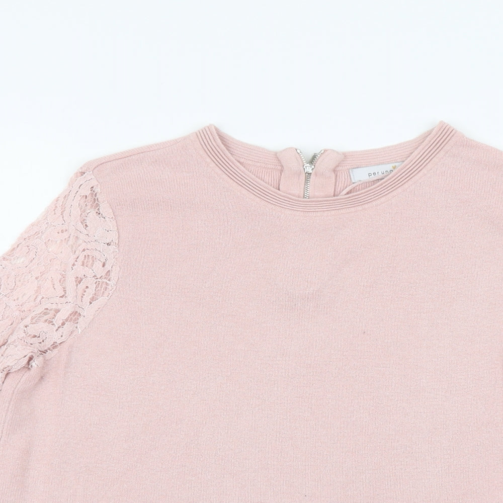 Per Una Womens Pink Round Neck Viscose Pullover Jumper Size 14 - Lace Sleeves