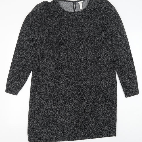 H&M Womens Black Polka Dot Polyester Shift Size S Round Neck Button