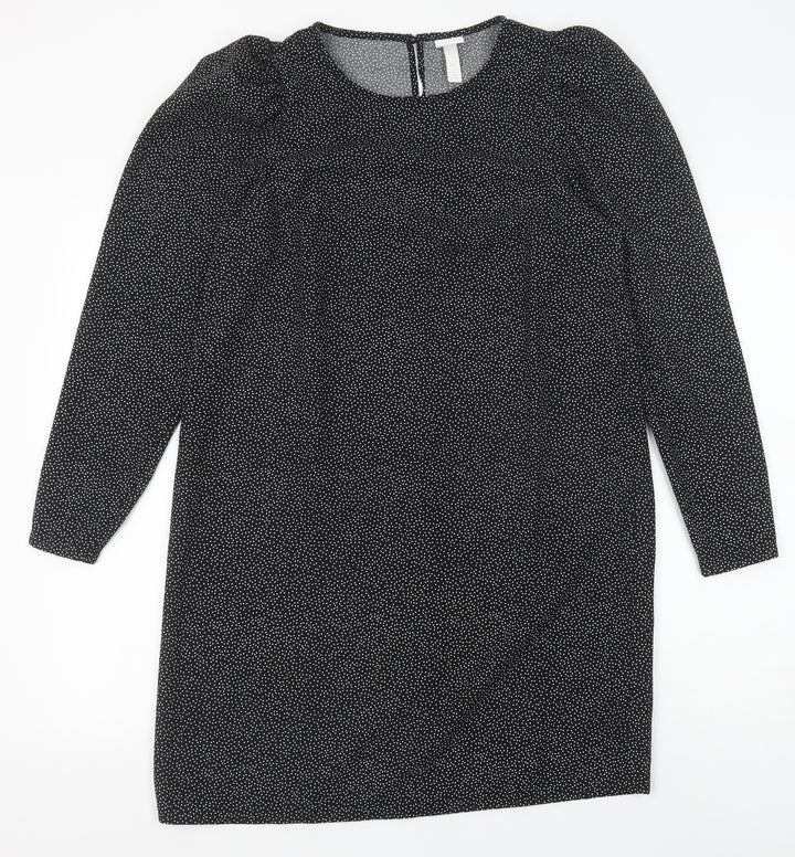 H&M Womens Black Polka Dot Polyester Shift Size S Round Neck Button