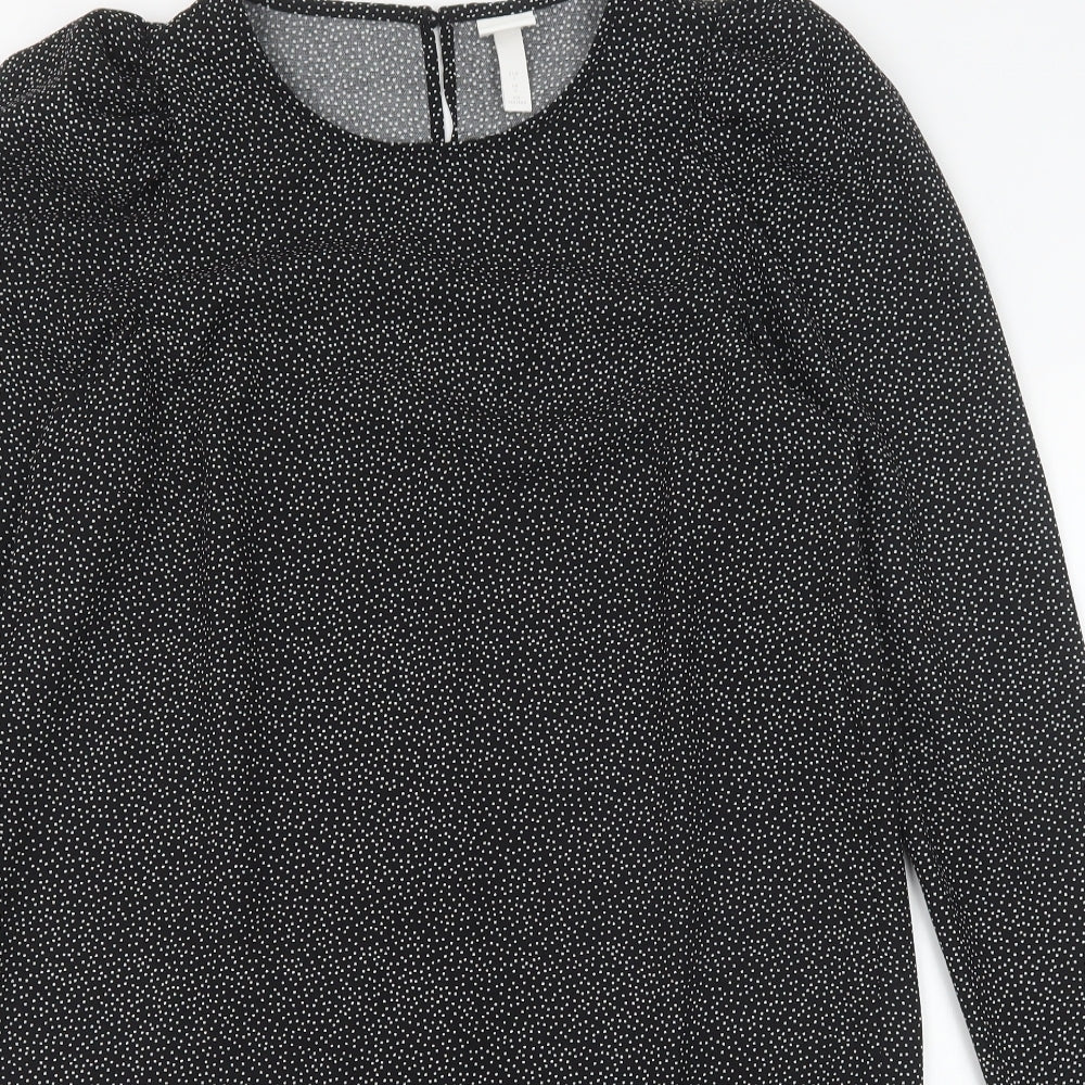 H&M Womens Black Polka Dot Polyester Shift Size S Round Neck Button