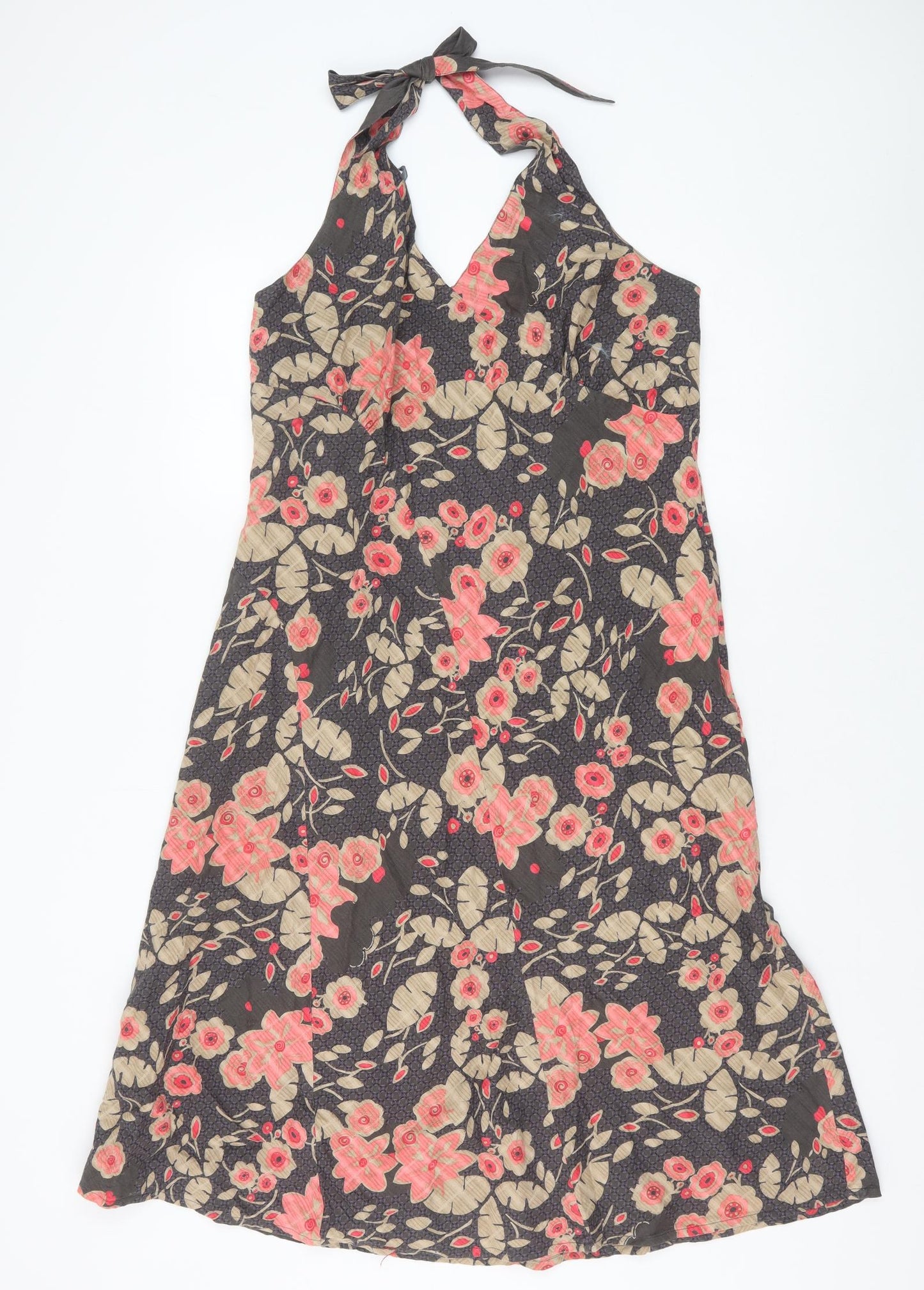 Fat Face Womens Brown Floral 100% Cotton A-Line Size 16 Halter Zip