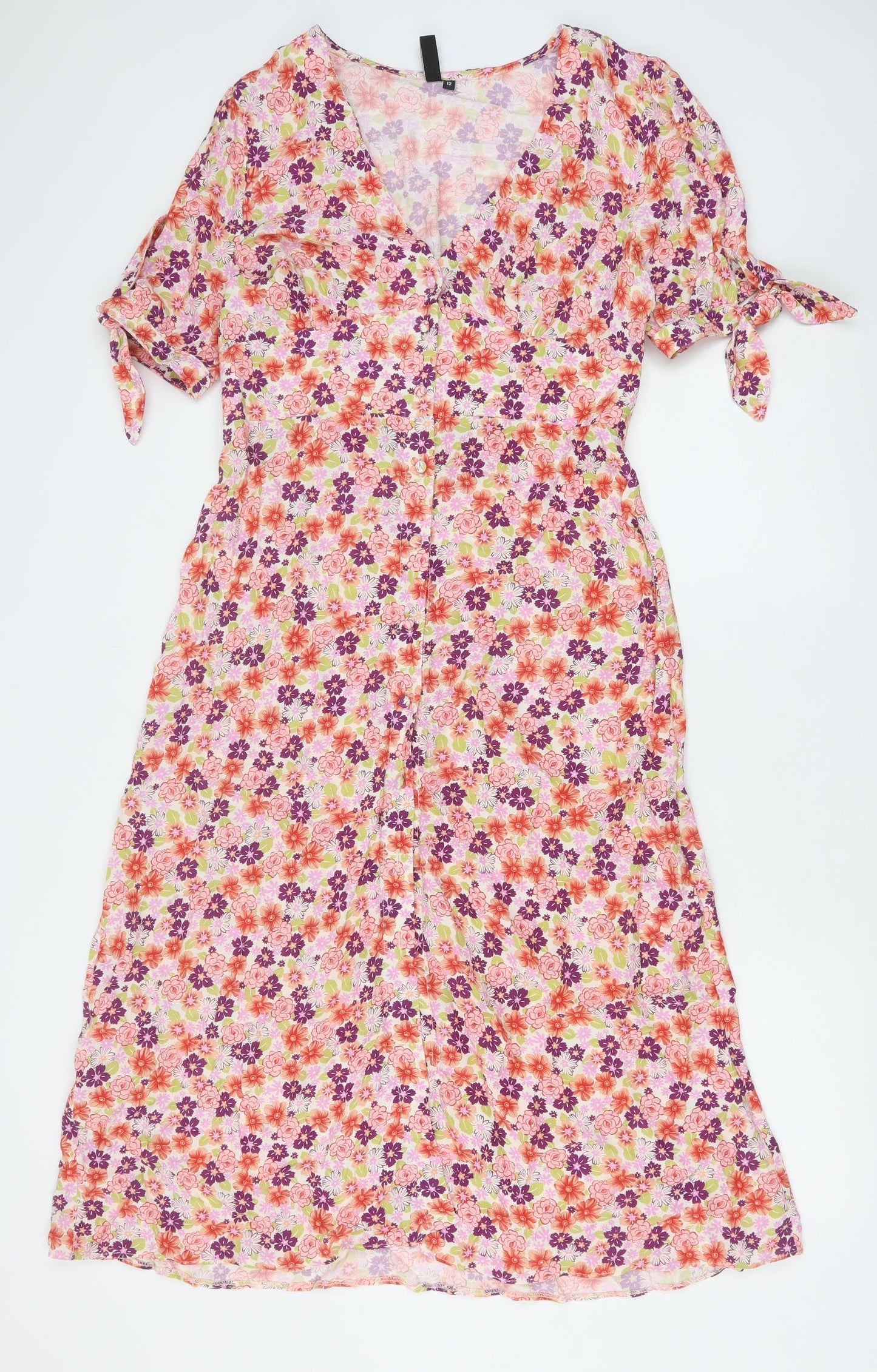 Nobody's Child Womens Pink Floral Viscose A-Line Size 12 V-Neck Button
