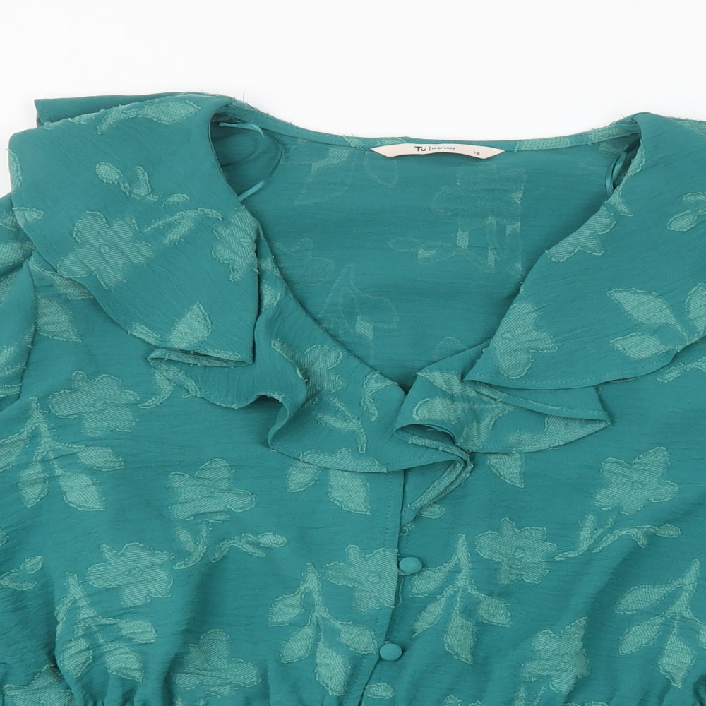 TU Womens Green Floral Polyester Basic Blouse Size 16 V-Neck - Leaf Print