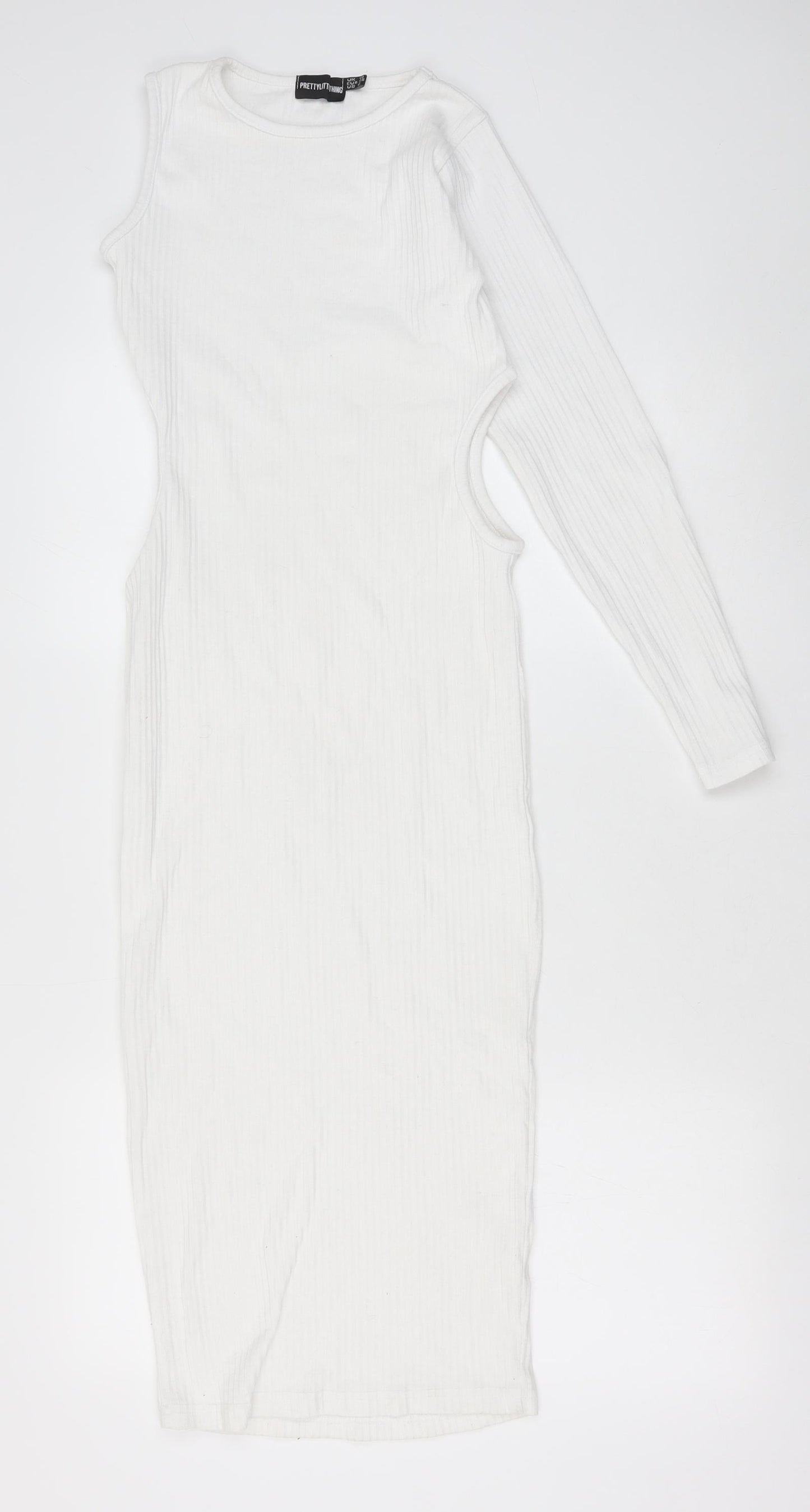 PRETTYLITTLETHING Womens White Polyester Bodycon Size 10 Round Neck Pullover - One Sleeve