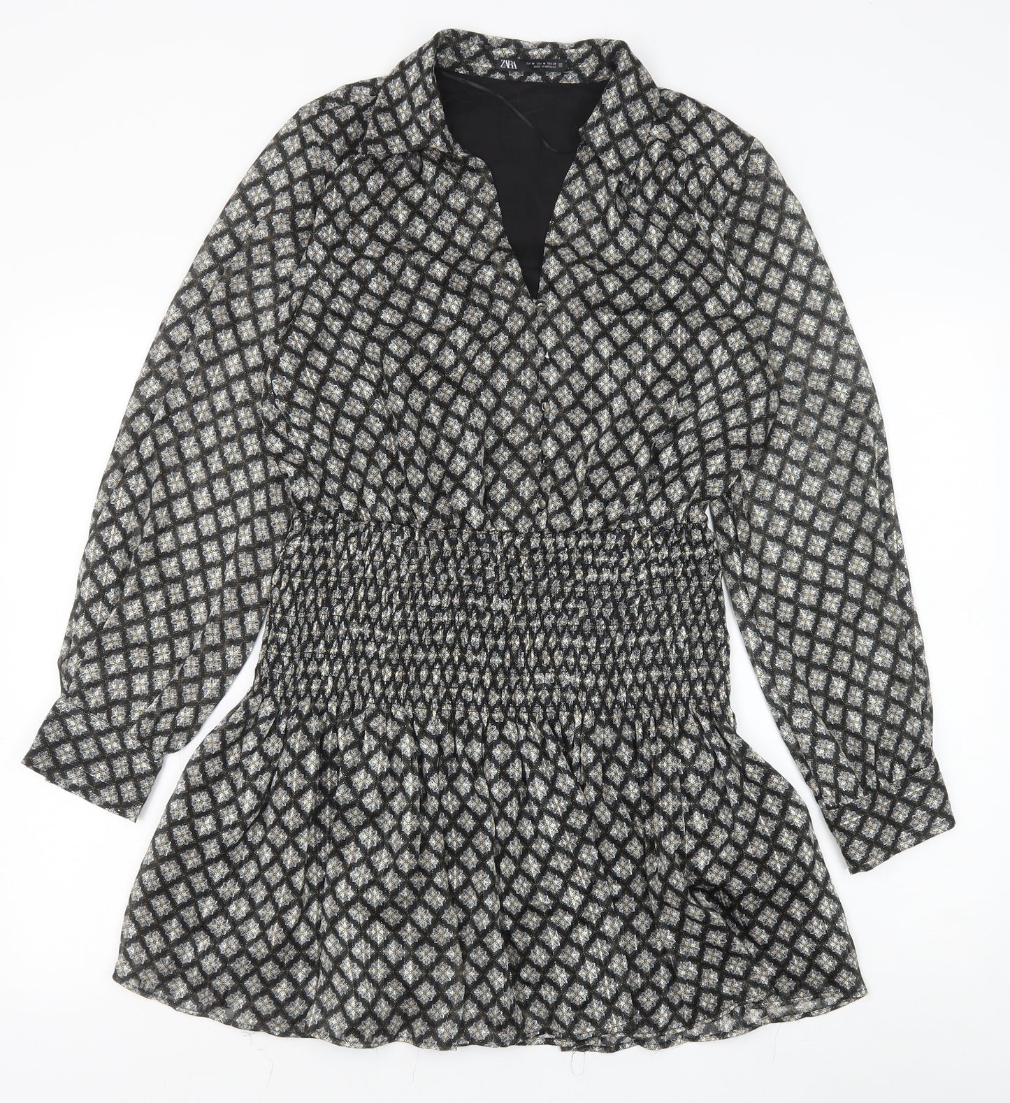 Zara Womens Black Geometric Viscose A-Line Size M V-Neck Button