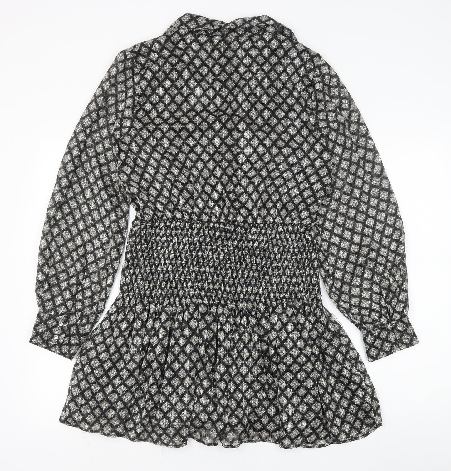 Zara Womens Black Geometric Viscose A-Line Size M V-Neck Button