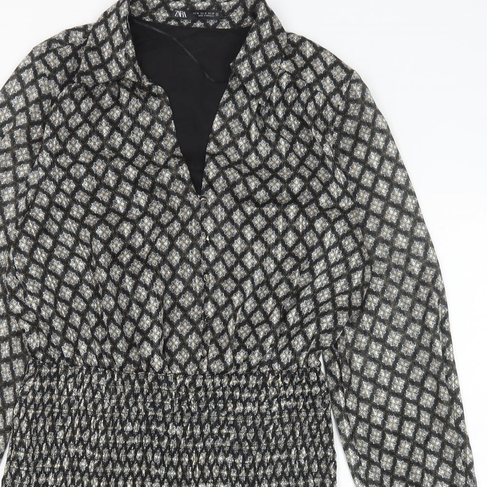 Zara Womens Black Geometric Viscose A-Line Size M V-Neck Button