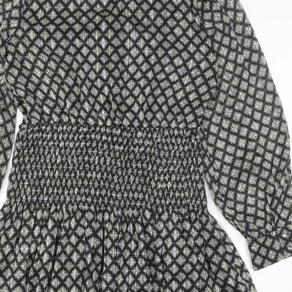 Zara Womens Black Geometric Viscose A-Line Size M V-Neck Button