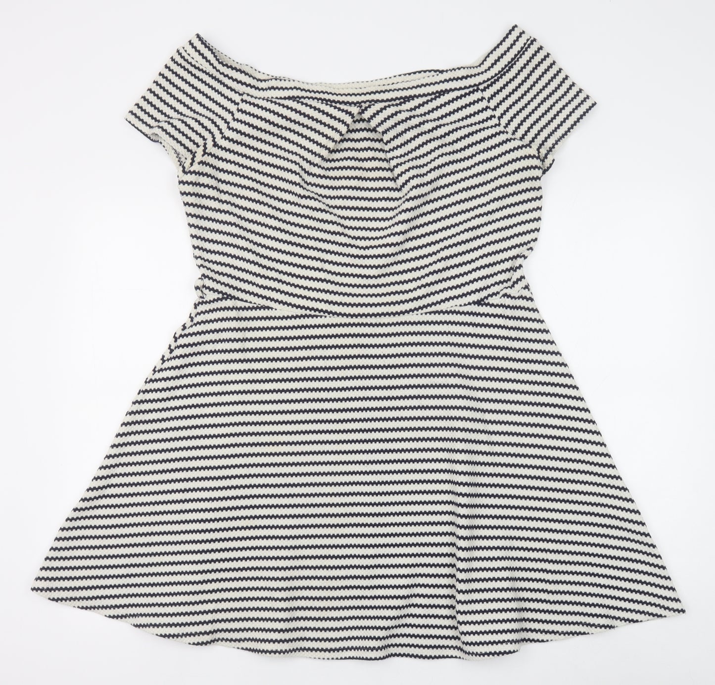 Primark Womens Black Striped Polyester Skater Dress Size 18 Boat Neck Pullover