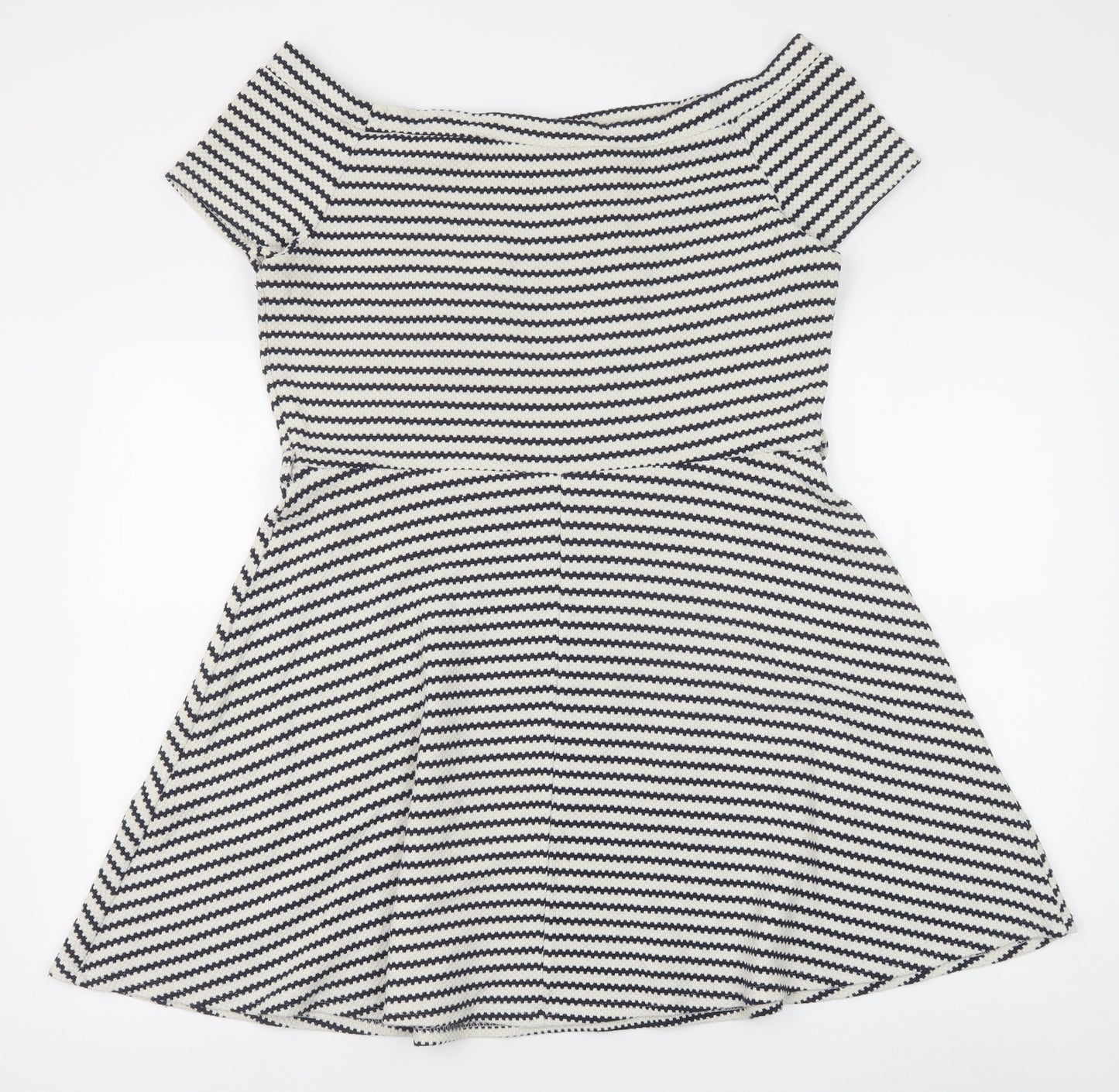 Primark Womens Black Striped Polyester Skater Dress Size 18 Boat Neck Pullover