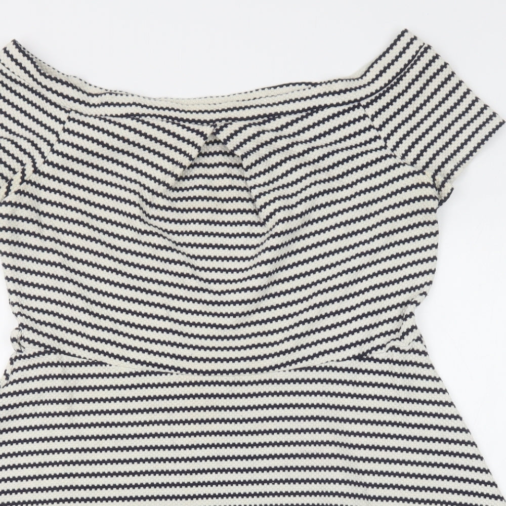 Primark Womens Black Striped Polyester Skater Dress Size 18 Boat Neck Pullover