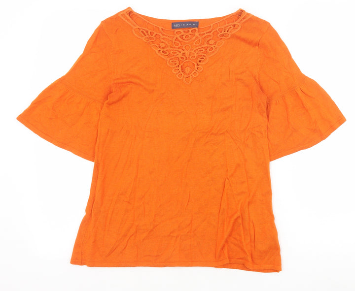 Marks and Spencer Womens Orange 100% Cotton Basic T-Shirt Size 8 Boat Neck