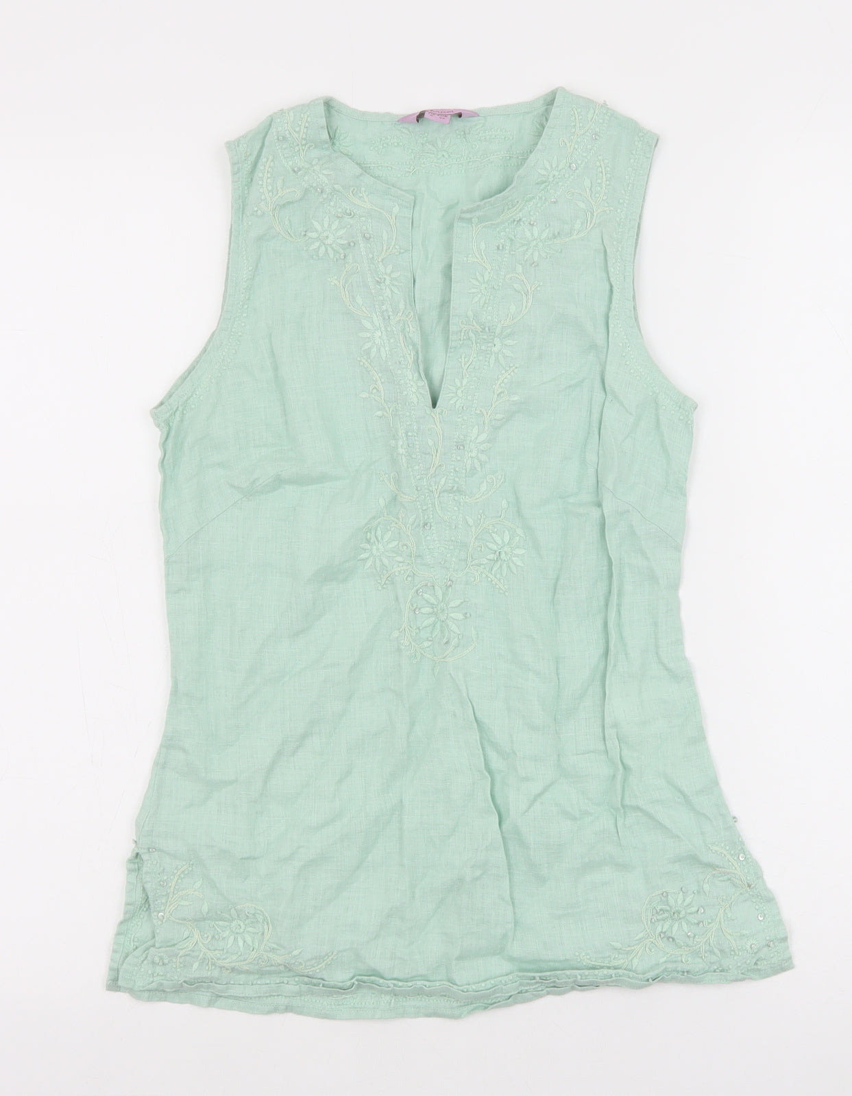 Monsoon Womens Green Linen Basic Tank Size 8 V-Neck