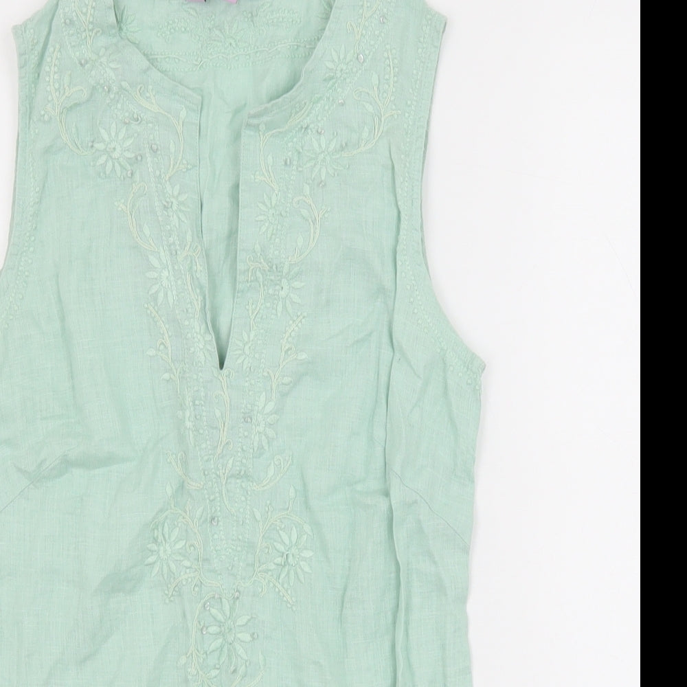 Monsoon Womens Green Linen Basic Tank Size 8 V-Neck