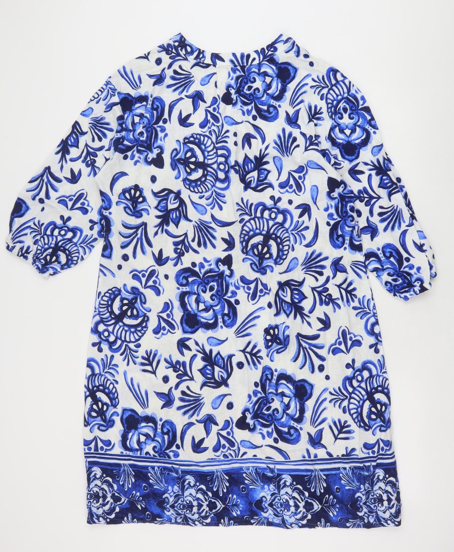 F&F Womens Blue Geometric Linen A-Line Size 12 V-Neck Button