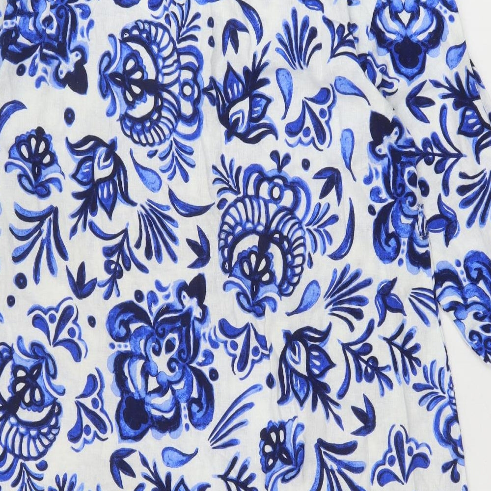 F&F Womens Blue Geometric Linen A-Line Size 12 V-Neck Button