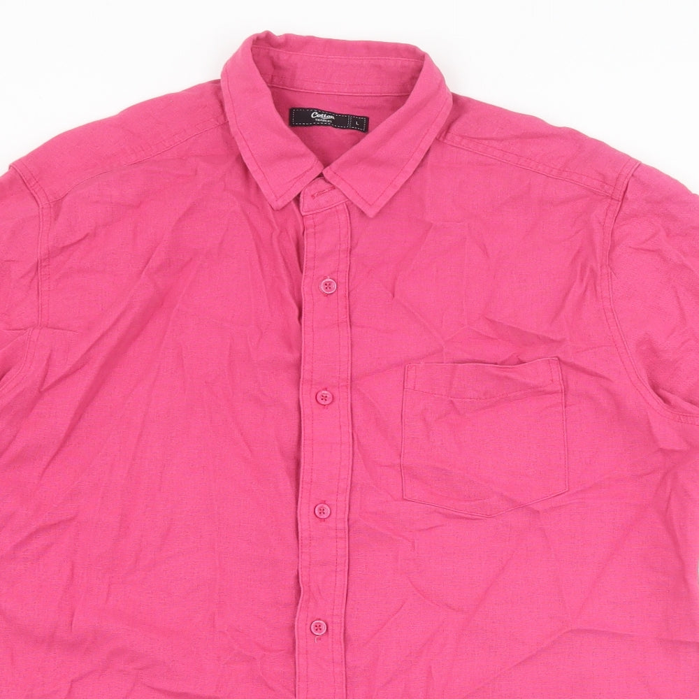 Cotton Traders Mens Pink Linen Button-Up Size L Collared Button