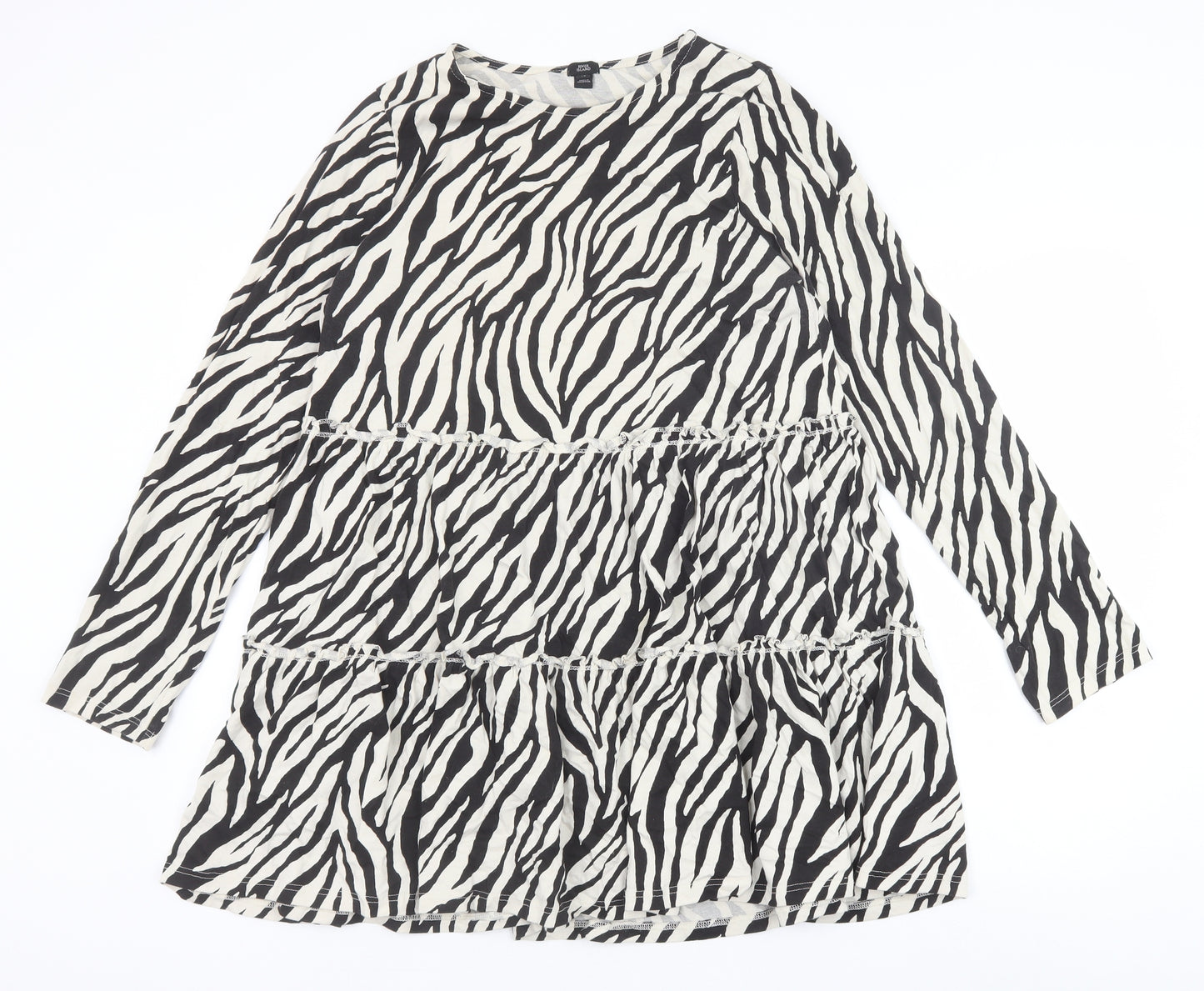 River Island Womens Black Animal Print 100% Cotton A-Line Size 14 Boat Neck Pullover - Zebra Print Tiered