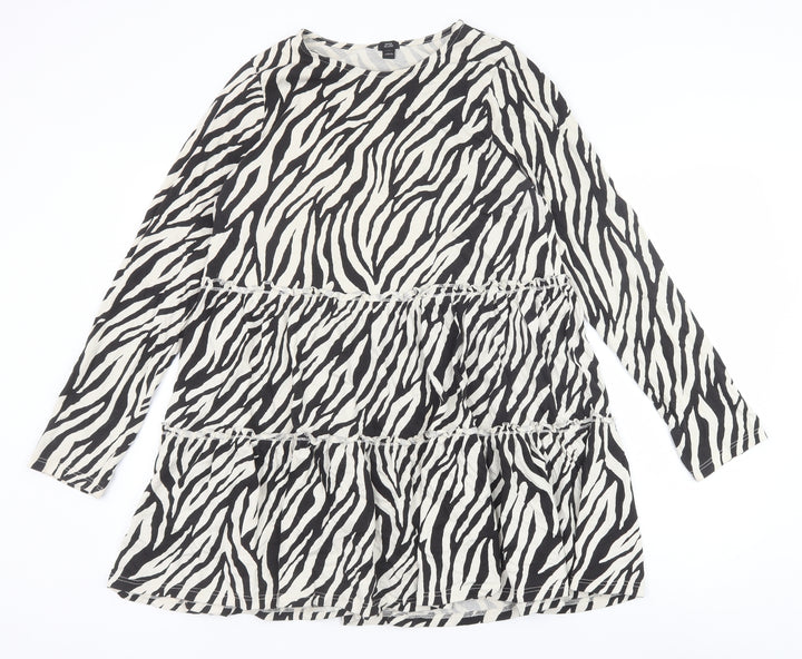 River Island Womens Black Animal Print 100% Cotton A-Line Size 14 Boat Neck Pullover - Zebra Print Tiered