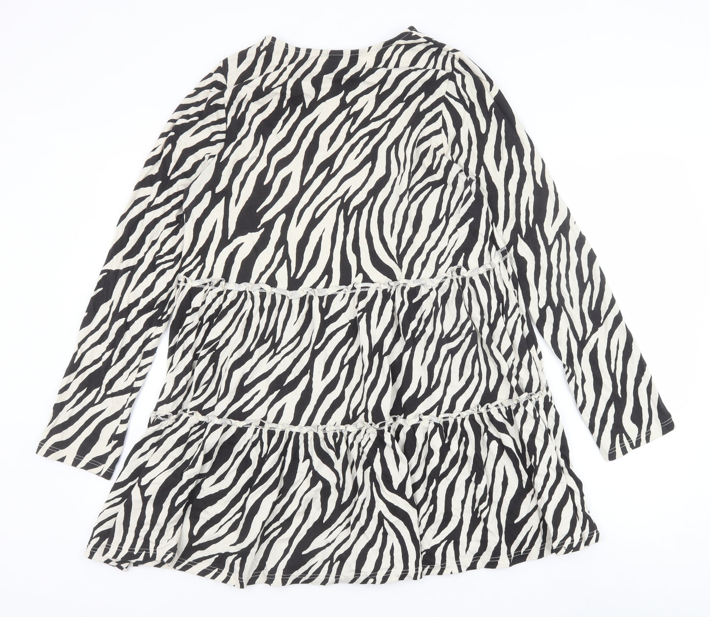 River Island Womens Black Animal Print 100% Cotton A-Line Size 14 Boat Neck Pullover - Zebra Print Tiered