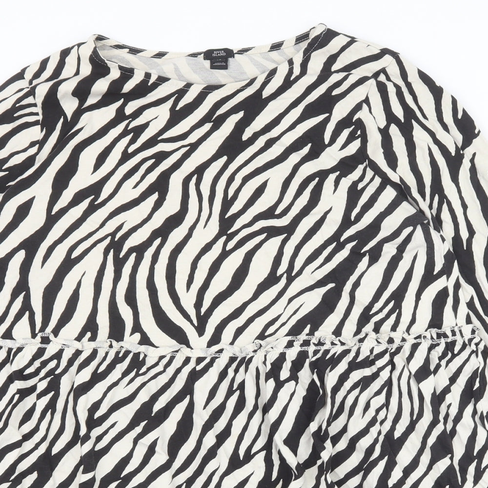 River Island Womens Black Animal Print 100% Cotton A-Line Size 14 Boat Neck Pullover - Zebra Print Tiered