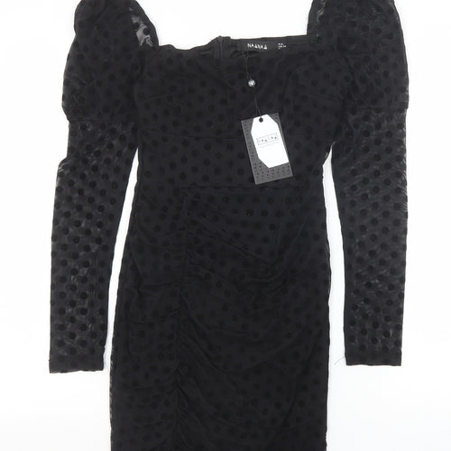 NAANAA Womens Black Polka Dot Viscose Bodycon Size 6 Square Neck Zip