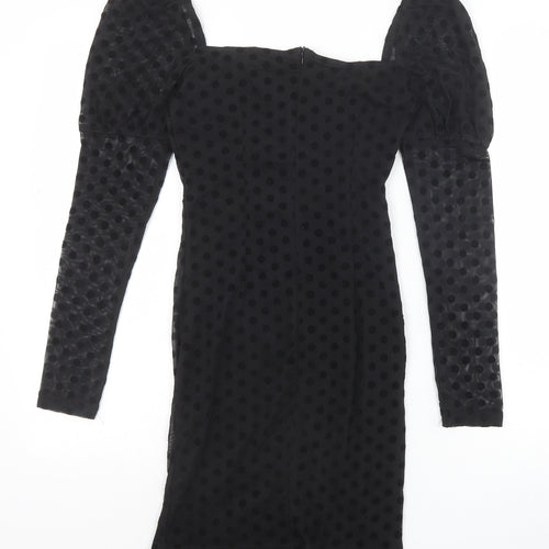 NAANAA Womens Black Polka Dot Viscose Bodycon Size 6 Square Neck Zip