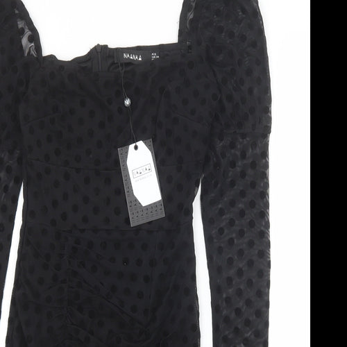 NAANAA Womens Black Polka Dot Viscose Bodycon Size 6 Square Neck Zip