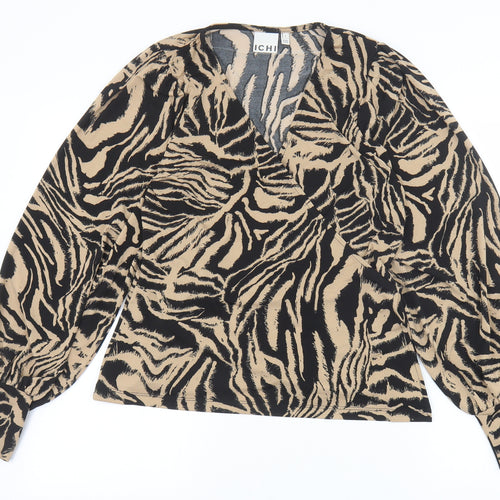 ICHI Womens Brown Animal Print Polyester Basic Blouse Size S V-Neck - Tiger Pattern